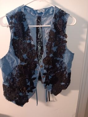 Blue Denim Vest with Black Lace Appliqué - Women